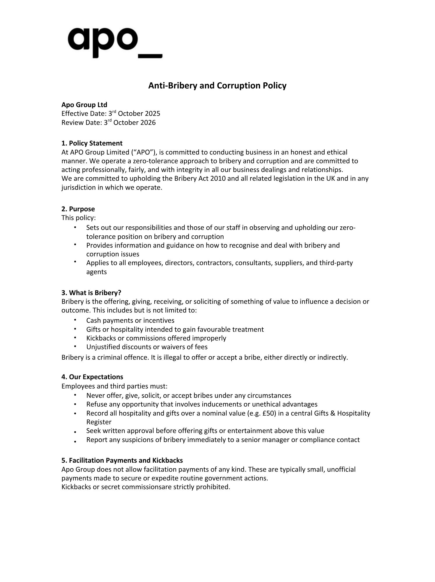 Anti-Bribery and Corruption Policy