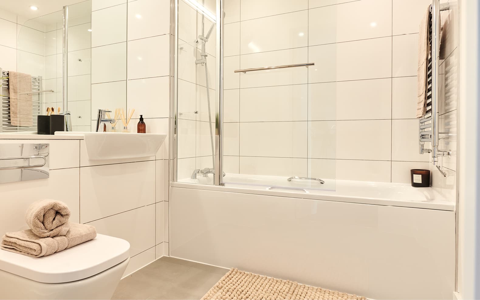 luxury bathroom, towel rail, bath and shower