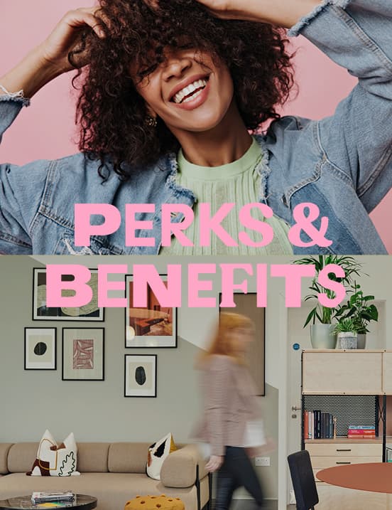 Headshot of girl smiling with words 'perks and benefits' layered over