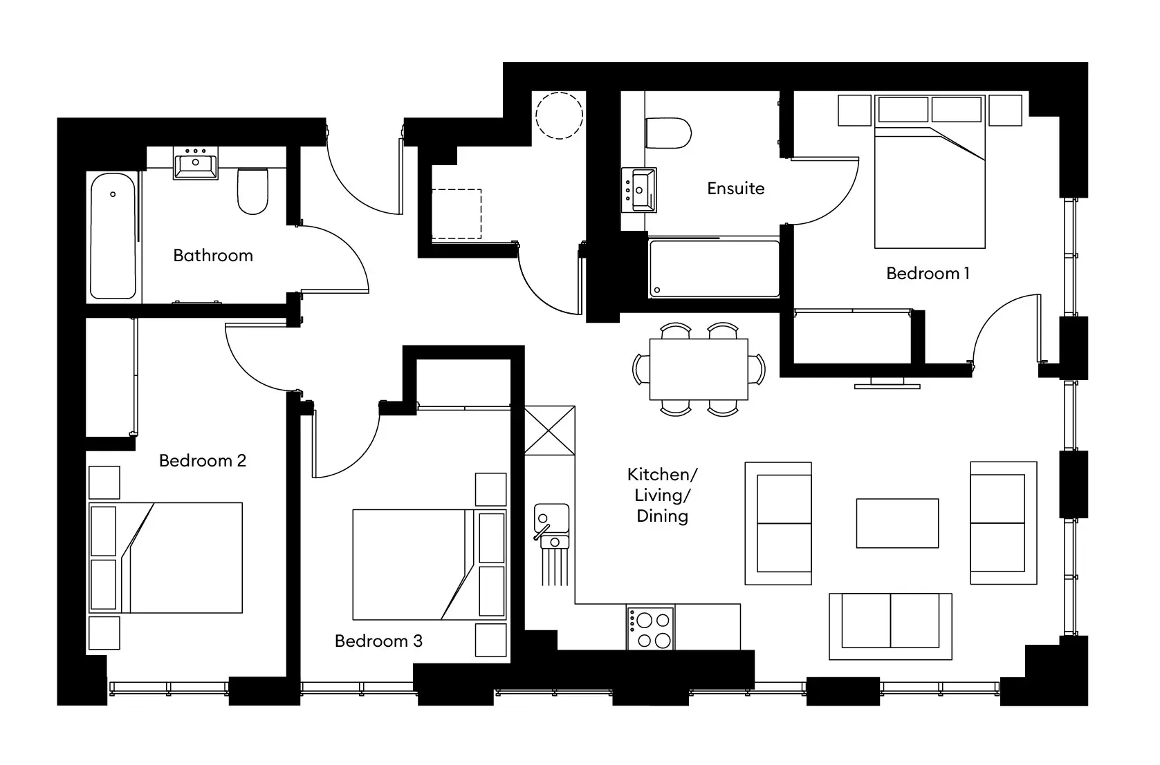 Floorplan three bed apartment The Holloway