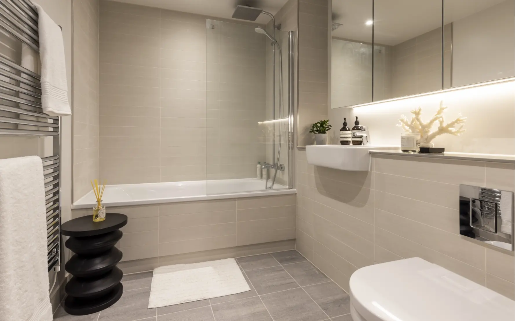 stylish bathroom, bath shower and sink