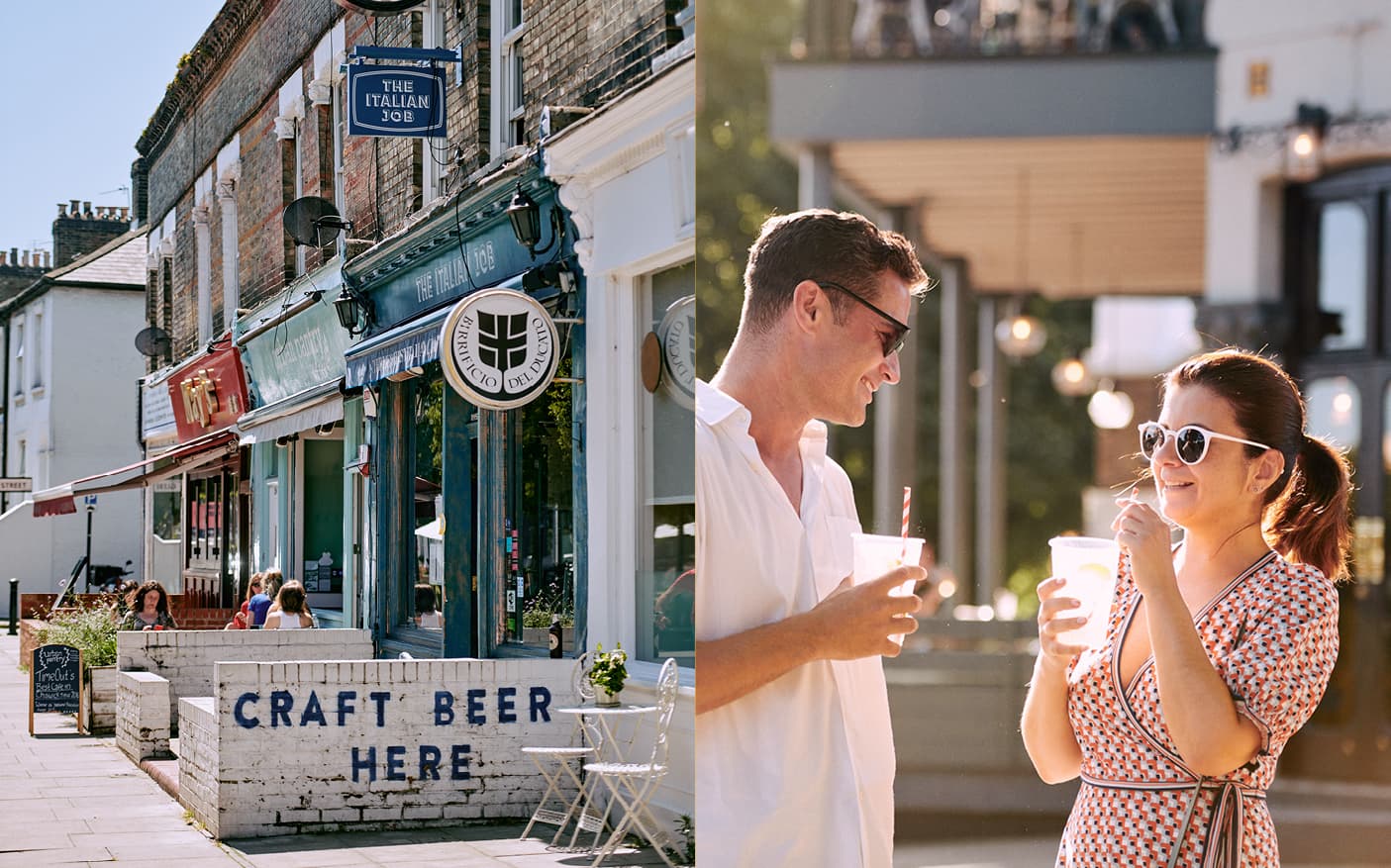 a couple outside pub in the sun with a drink