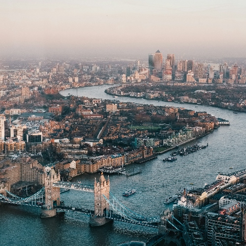 Birds eye view of the London Thames looking East